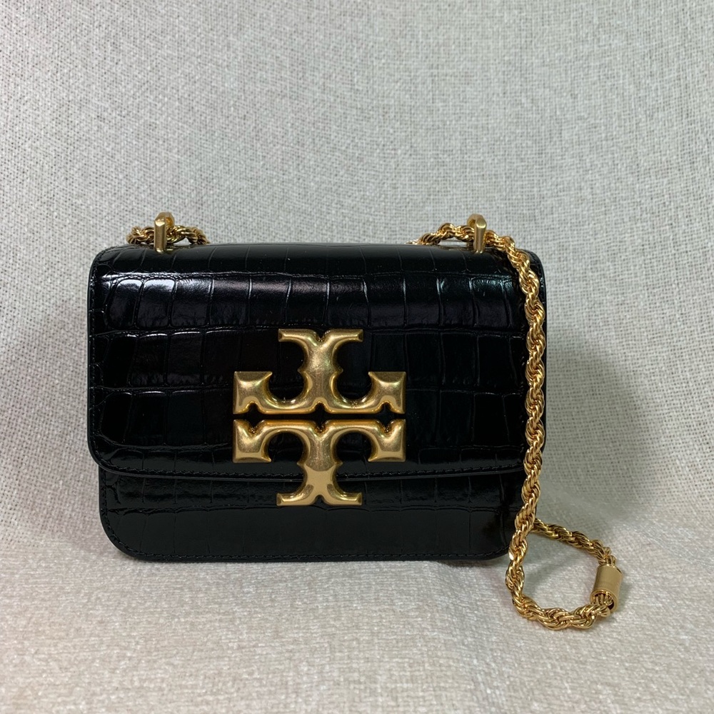 Tory Burch Black Croc-Embossed Mini Shoulder Bag with Gold Logo